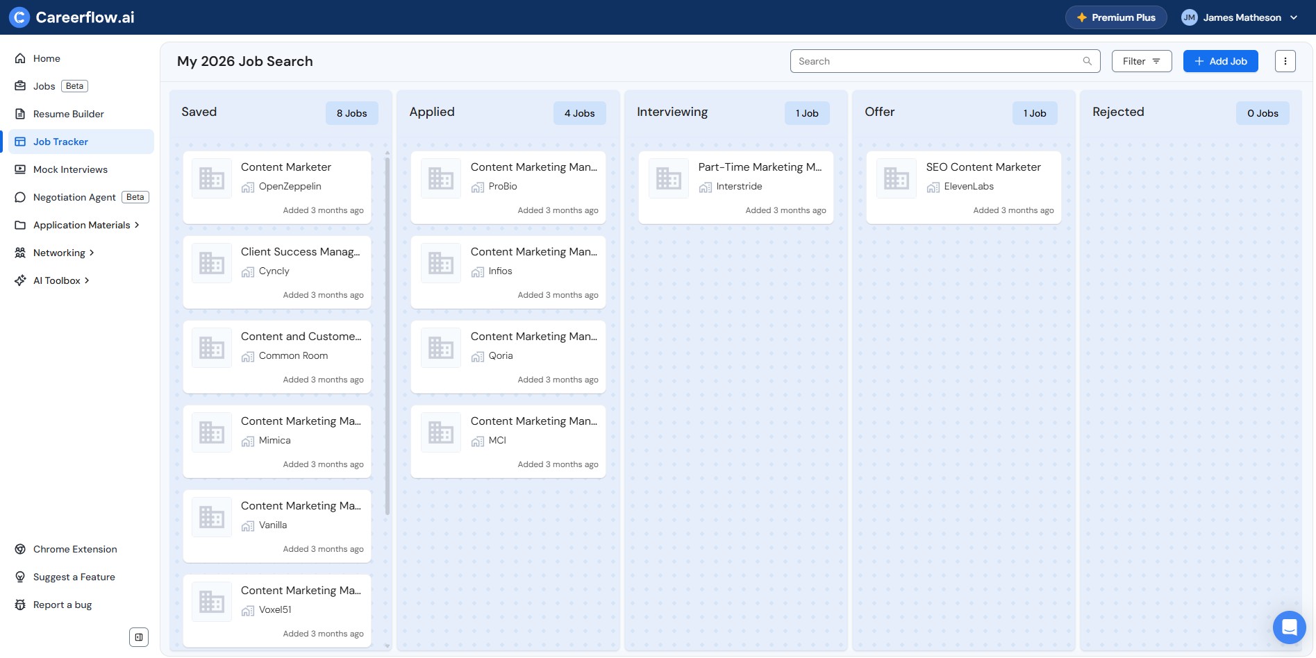Careerflow's Job Tracker interface being used during a job search