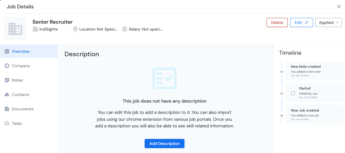 An overview of job details in Careerflow's Job Tracker tool
