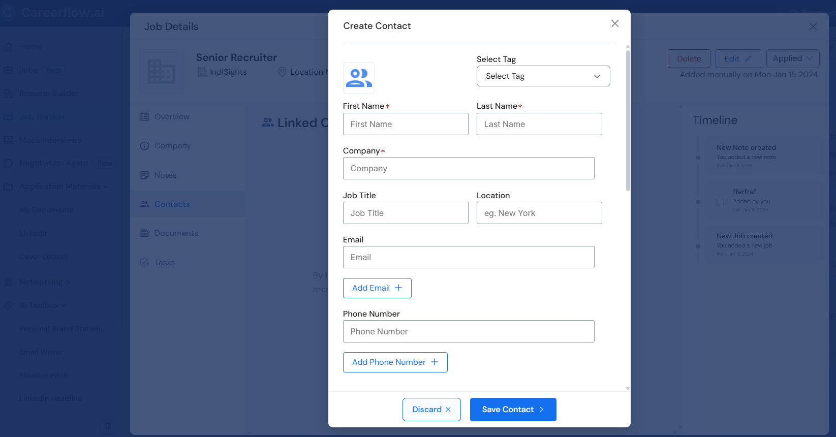 Creating a networking contact in Careerflow's Job Tracker