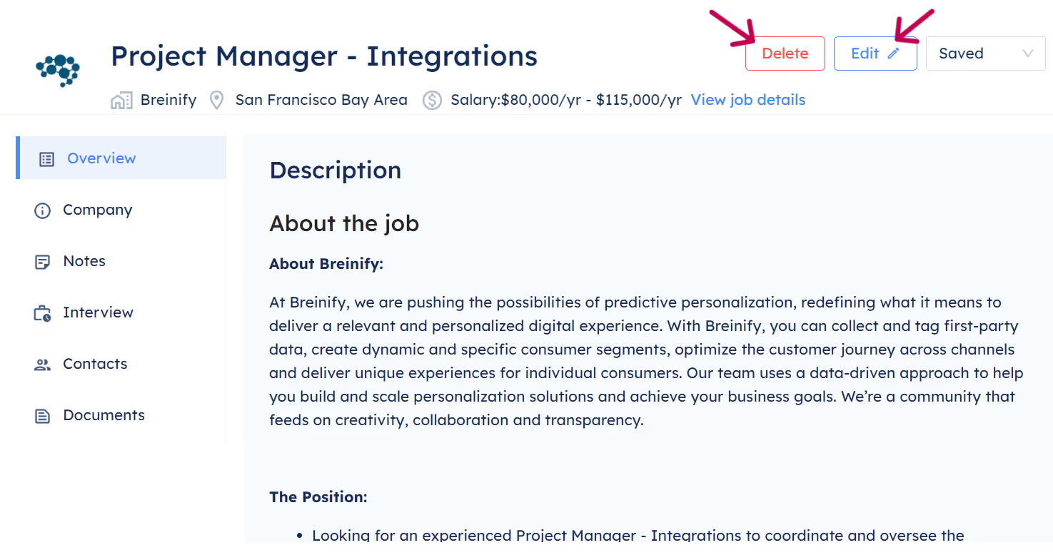 Highlighting the Edit and Delete options for jobs in the Job Tracker