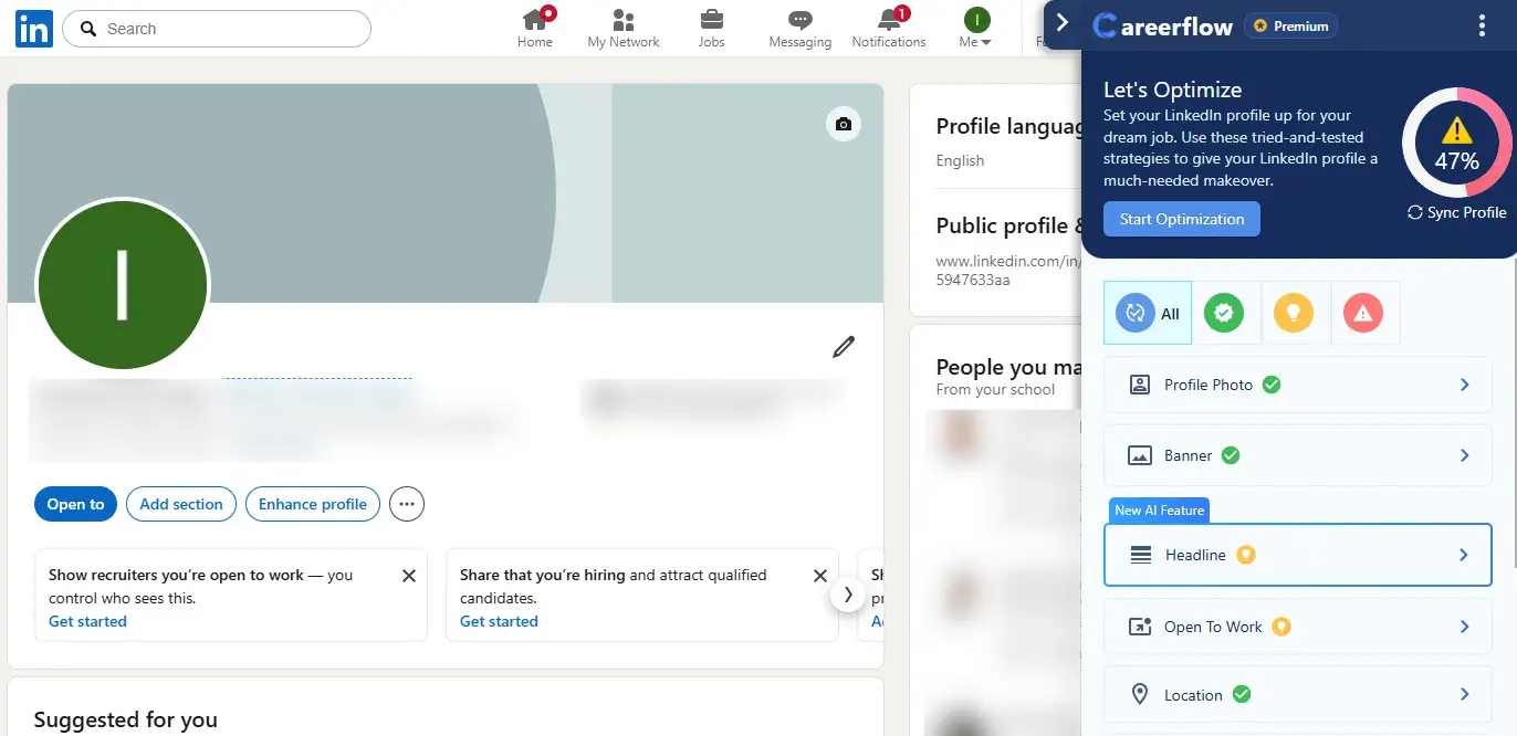 Careerflow's LinkedIn Optimizer function being used via the Chrome extension