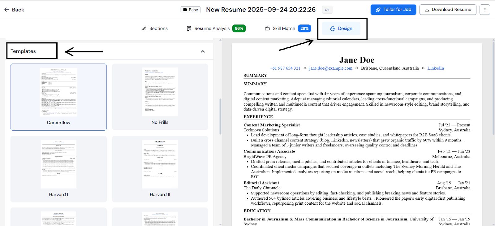 How to select a different resume format in Careerflow's AI Resume Builder