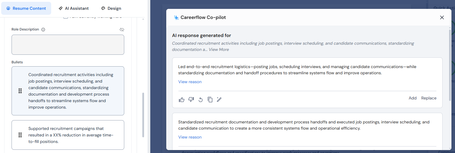 An example of the AI resume bullet point functionality within Careerflow