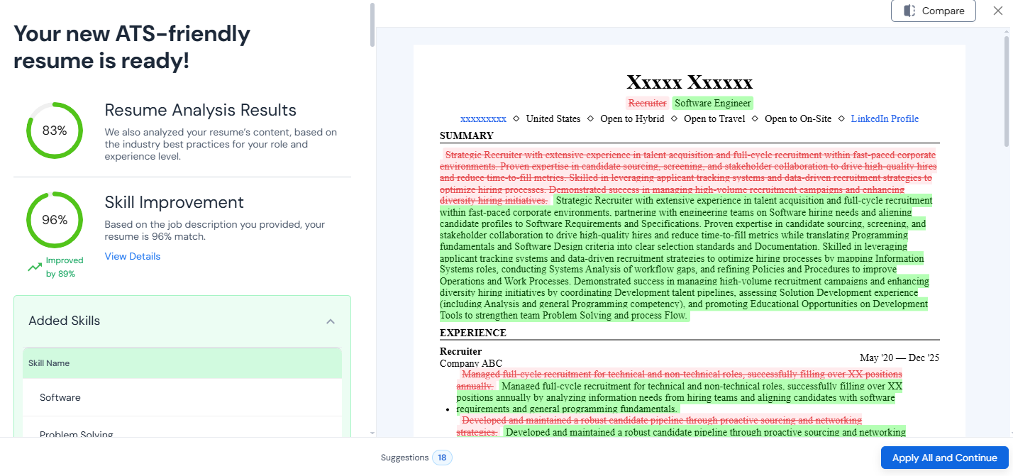 Resume analysis results in Careerflow's AI Resume Builder platform