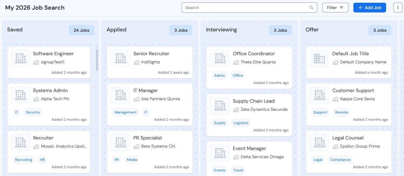 An example of Careerflow's Job Tracker being used to help find a new job