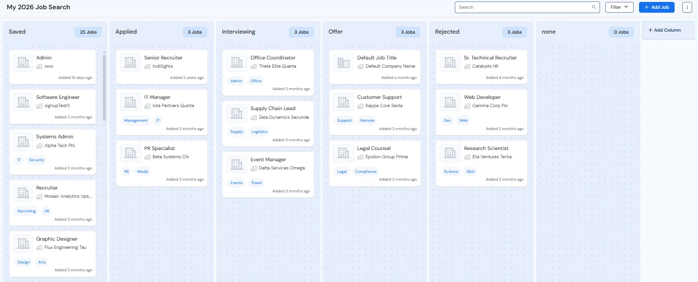 An example of Careerflow's Job Tracker in action, keeping track of multiple jobs at once 