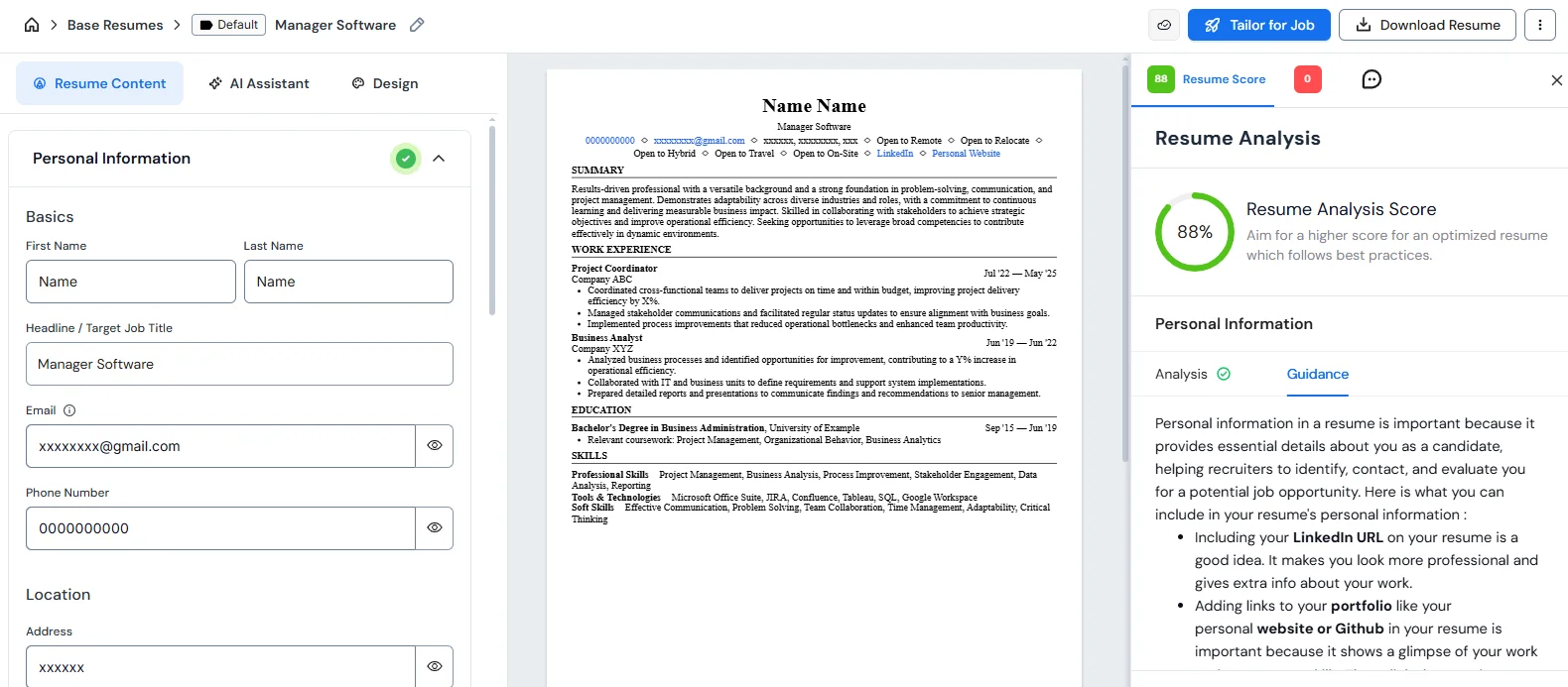 Screenshot of Careerflow's AI Resume Builder being used