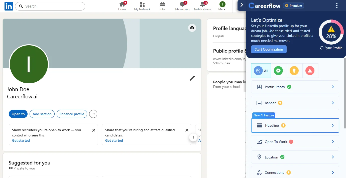 An example of Careerflow's sidebar in action