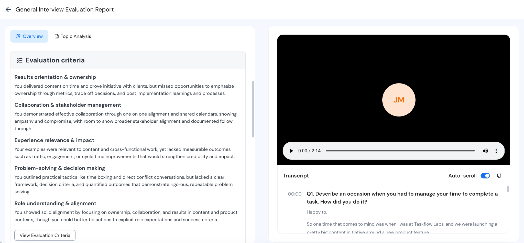 The transcript and output of Careerflow's Mock Interview tool