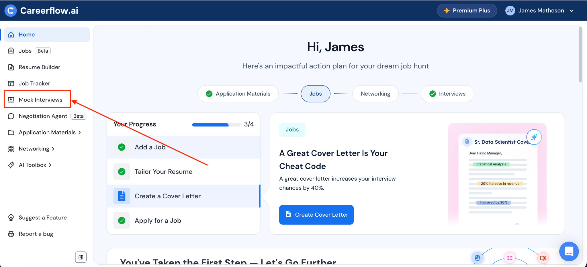 The location of the Mock Interview tool within the Careerflow Job Search platform