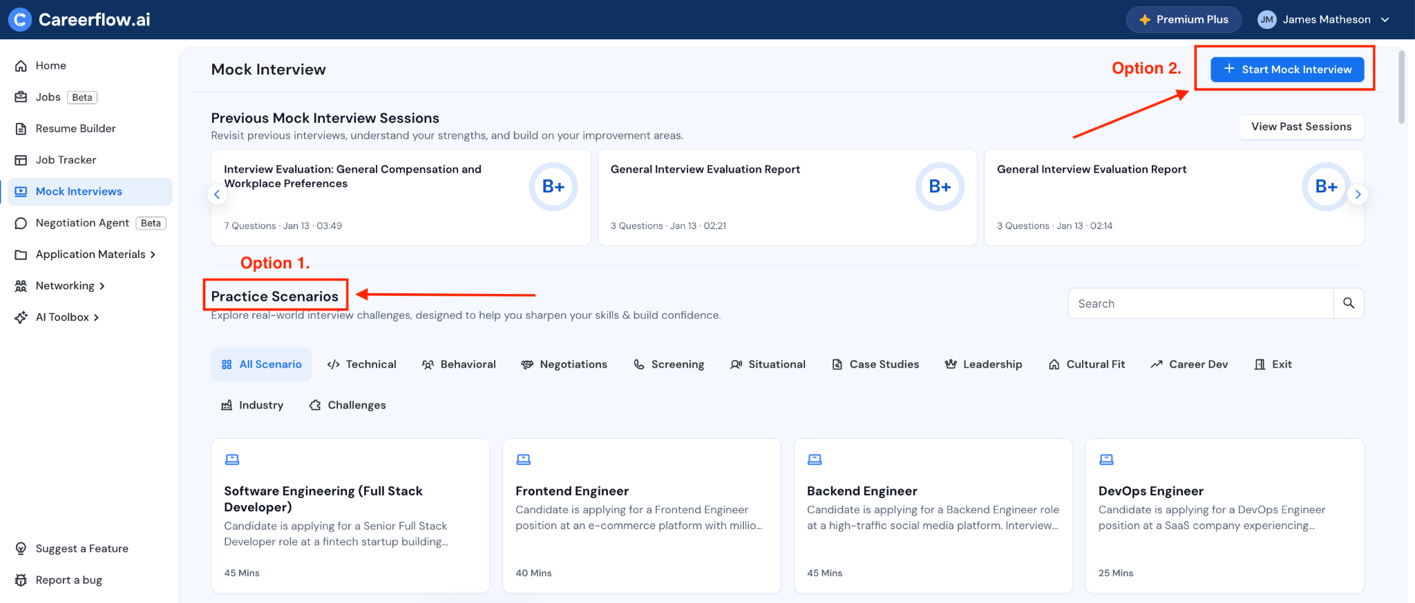 A screenshot showing the mock interview options available