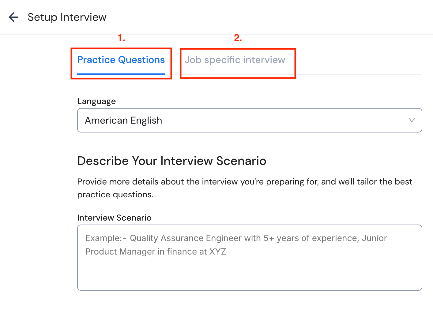 The Caeerflow mock interview setup options