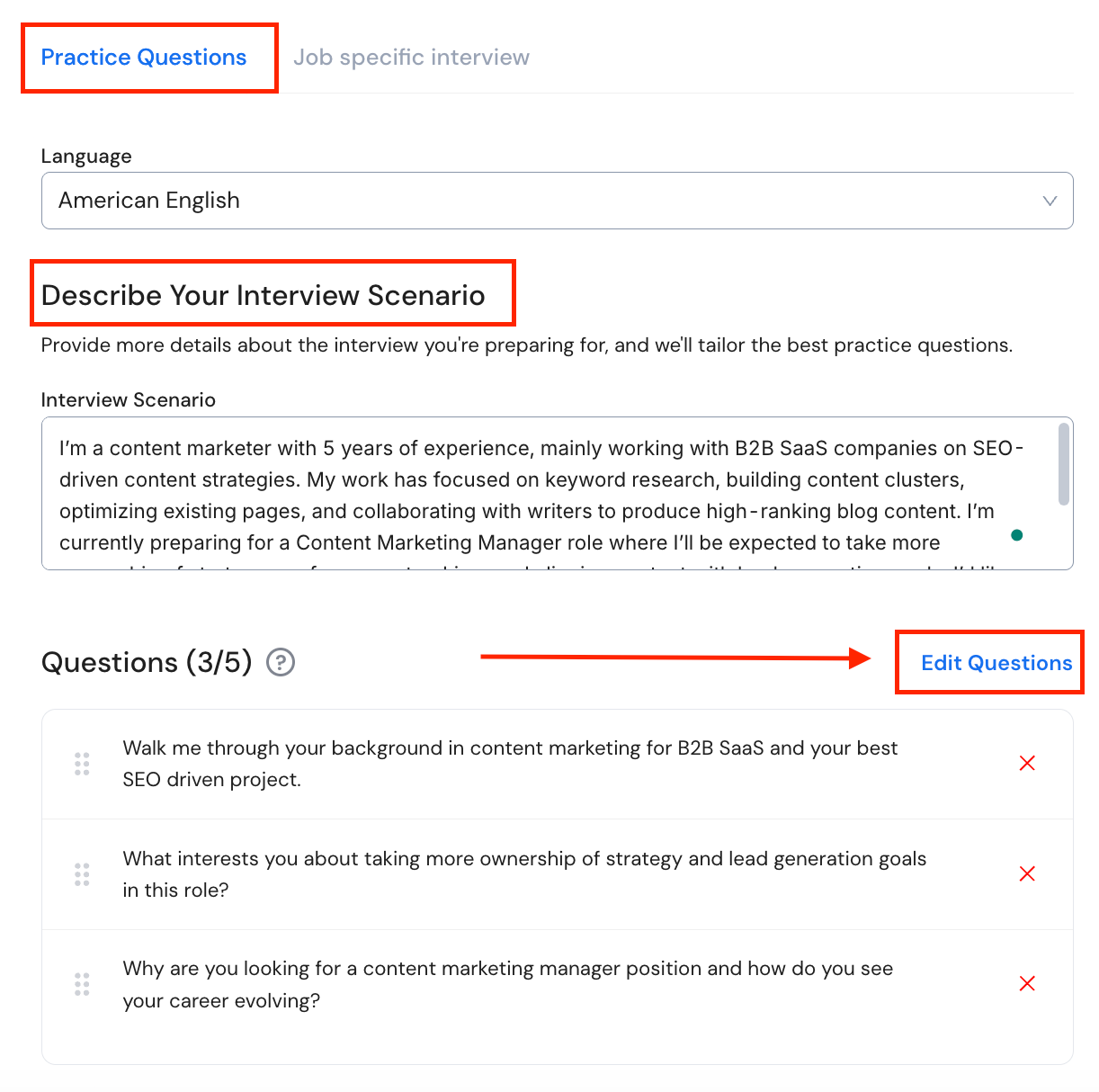 Setting up practice questions within the Mock Interview tool
