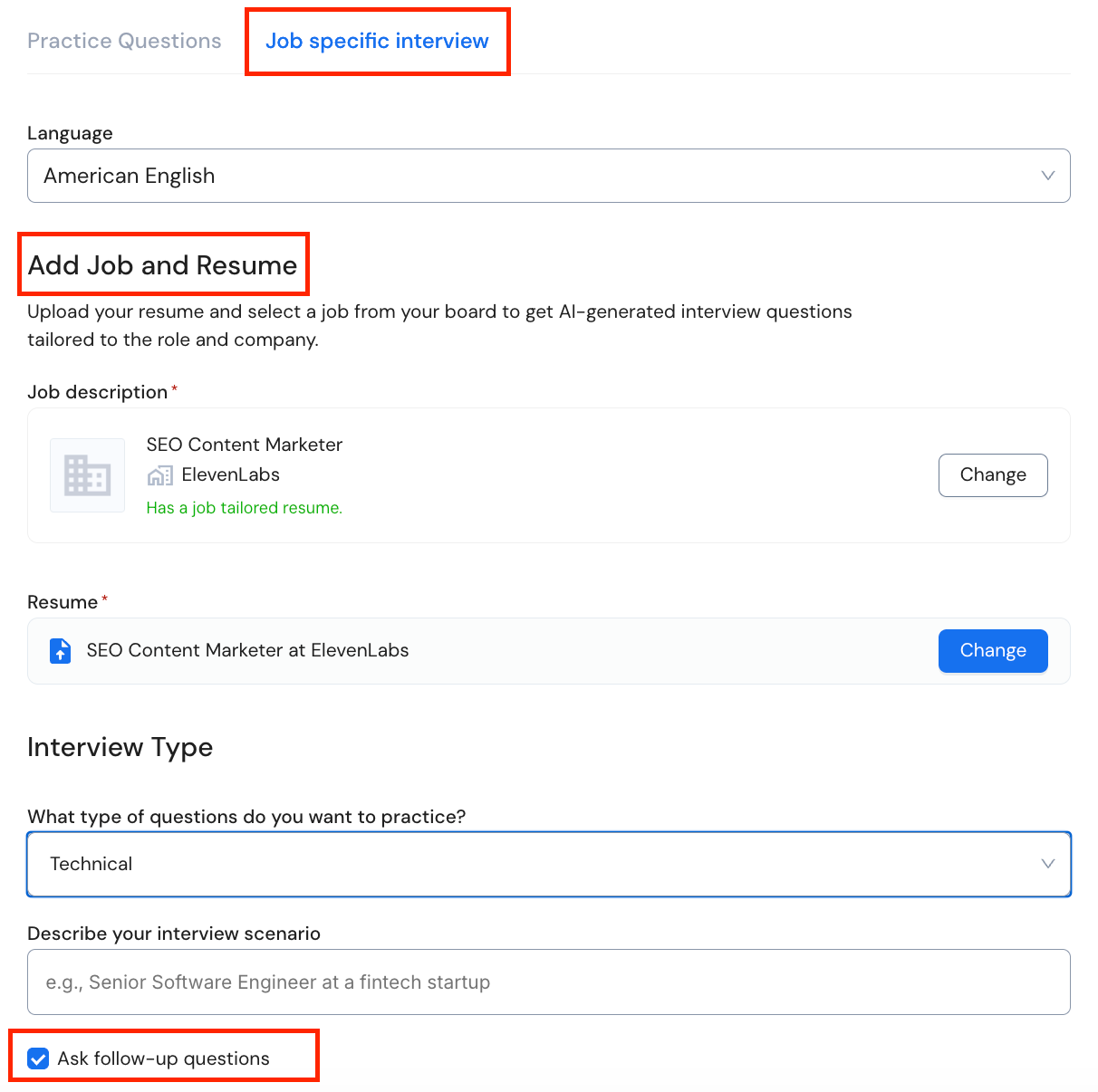 The setup options for the Job Specific Interview option inside the Careerflow platform
