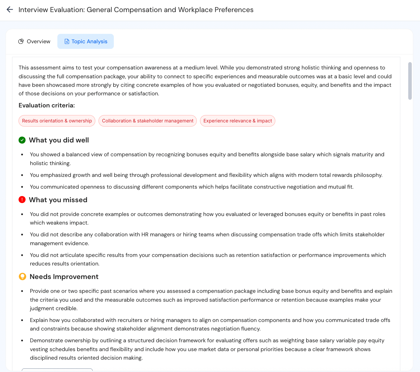 Sample feedback provided by Caeerflow's Mock Interview tool