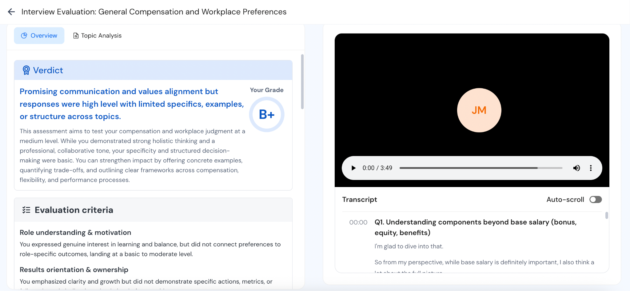 A verdict, transcript and complete evaluation of the candidate's performance in the mock interview