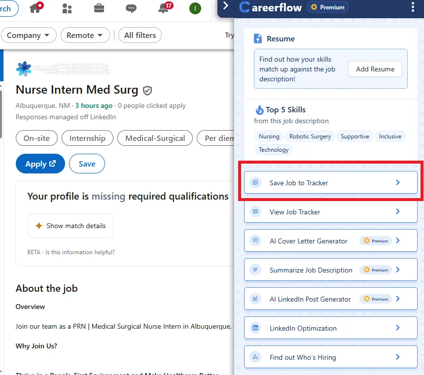 A screenshot showing the location of Careerflow's Job Tracker from within the browser plugin