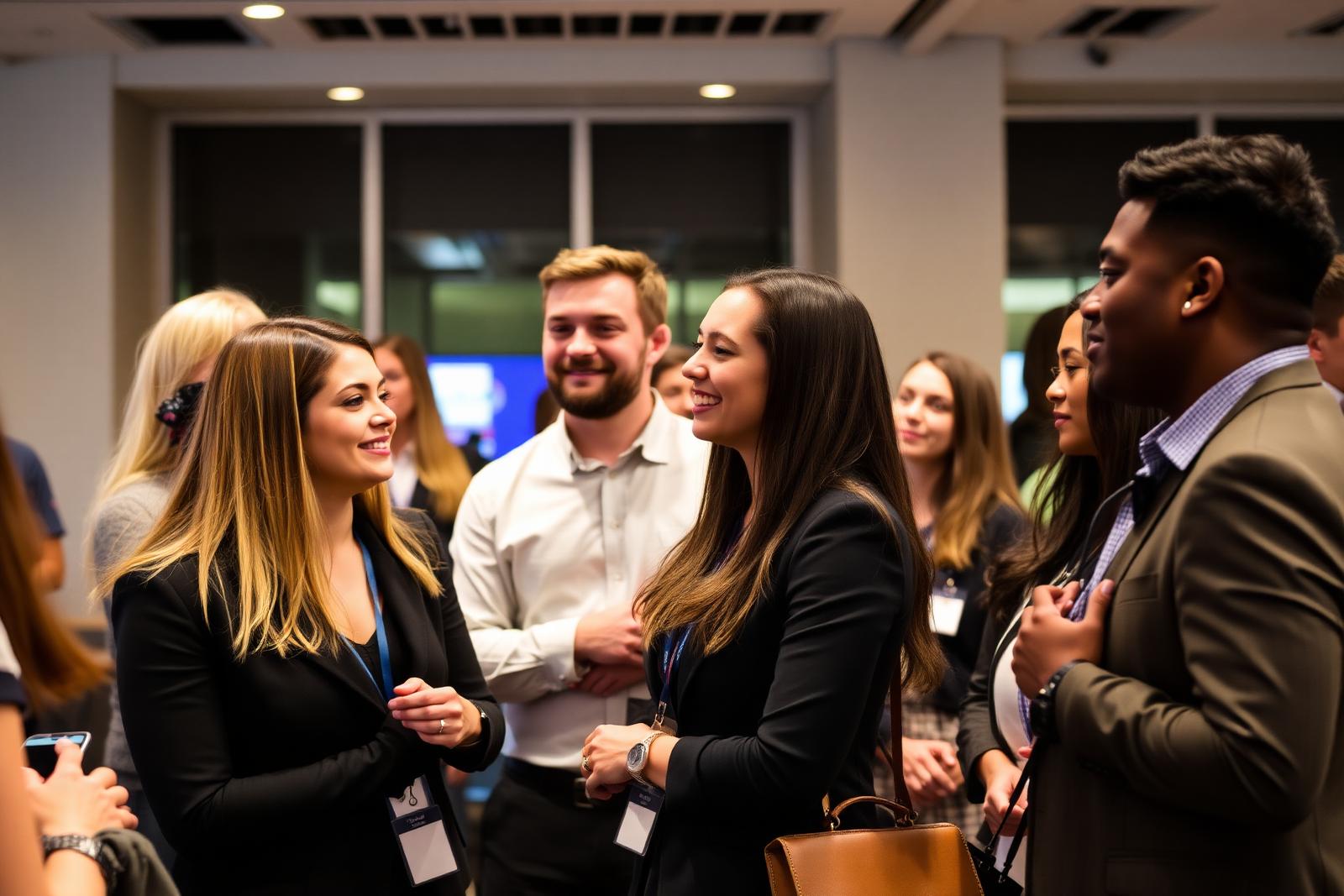 Group of diverse young professionals networking and talking at an indoor business event.