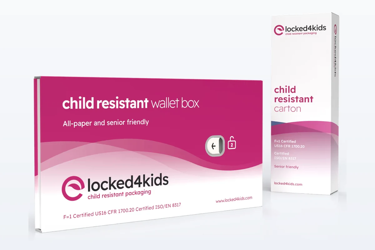 Locked4Kids Wallet Box and carton, child resistant and senior friendly packaging