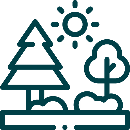 Green line icon of landscape with trees and shrubs