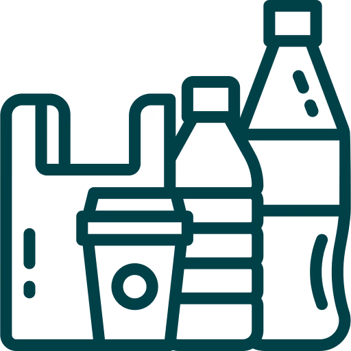 Green line icon of plastic products and packaging
