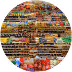 Supermarket shelves showing many fast moving consumer goods (FMCG) items, image