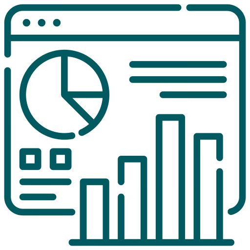 Illustration of a browser window with a pie chart and a bar graph representing data reporting.