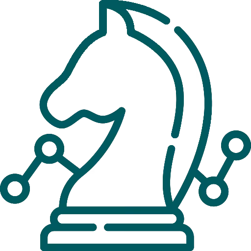 Chess knight icon with connected dots representing strategy and data analytics.