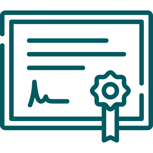 Icon of a certificate with a seal and signature in green outline style.