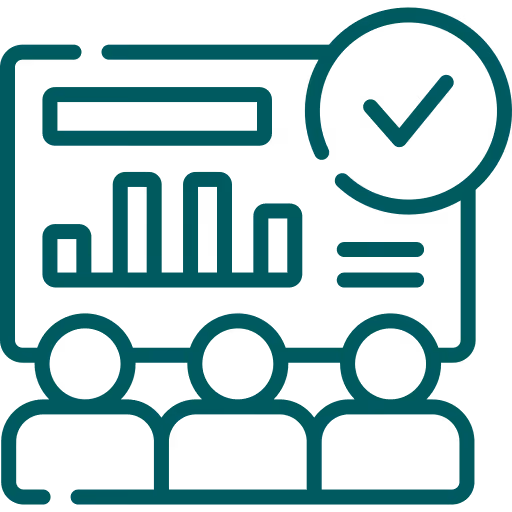 Icon of three people watching a presentation with a bar chart and a checkmark.