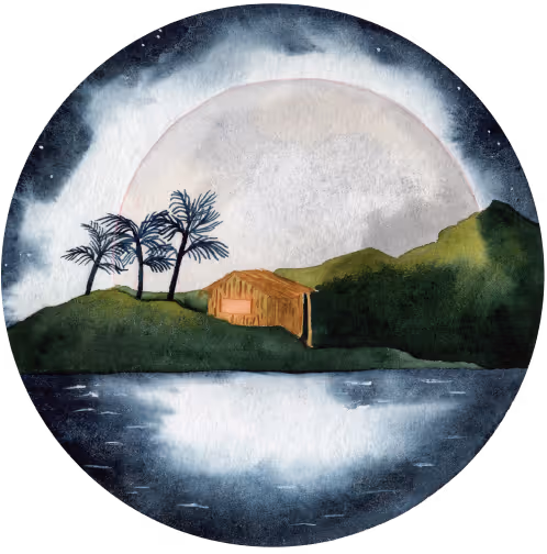 Watercolor of a cabin by water with palm trees and hills under a large moon at night.
