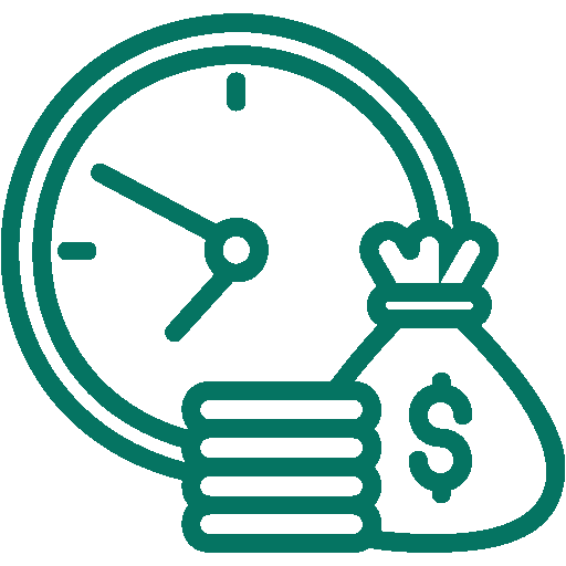 Clock behind a stack of coins and a money bag, symbolising saving time and money.