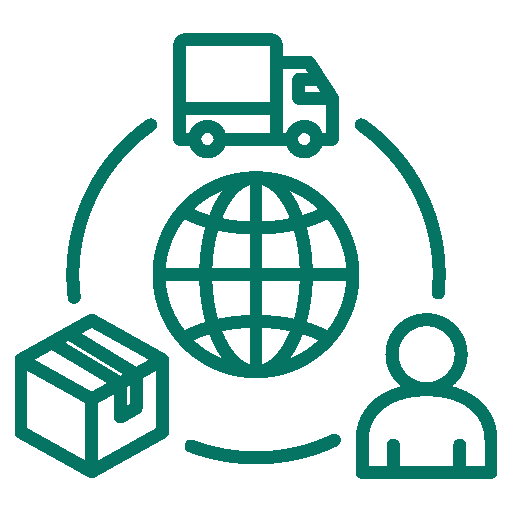 Icon showing global delivery cycle with truck, package, person, and globe connected by arrows.