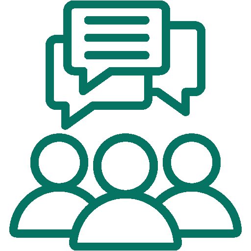 Three people icons with overlapping speech bubbles indicating customer feedback or communication.