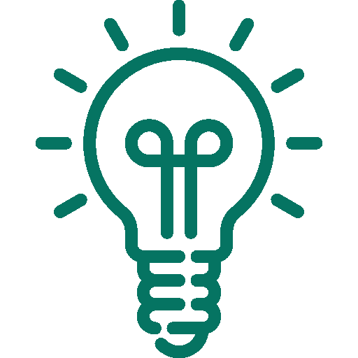 Green line drawing of a light bulb with rays indicating it is lit.
