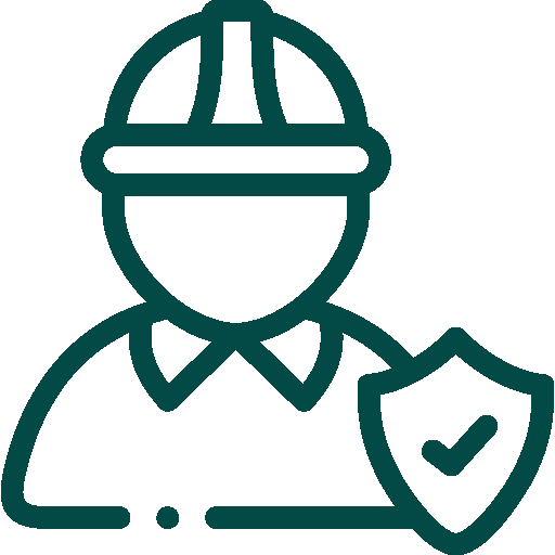 Icon of a construction worker wearing a hard hat with a shield showing a checkmark.