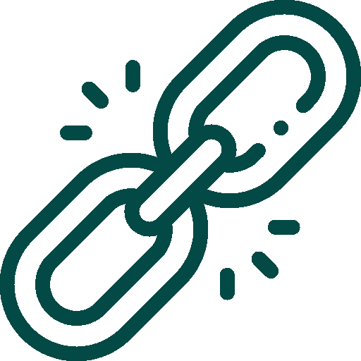 Green chain link icon with a break and radiating lines indicating breaking or disconnection.