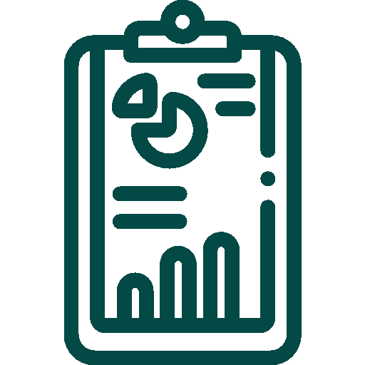 Clipboard icon showing a pie chart and bar graph representing data or report.