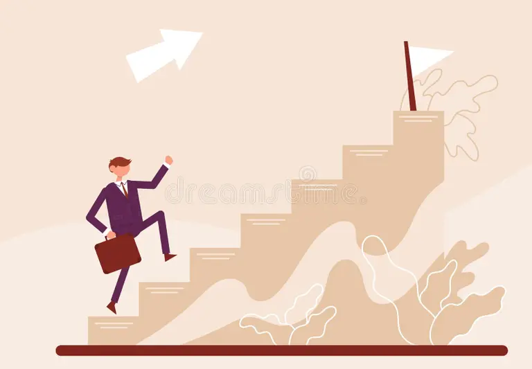 Businessman in suit climbing stairs toward a flag, symbolising steps to success.