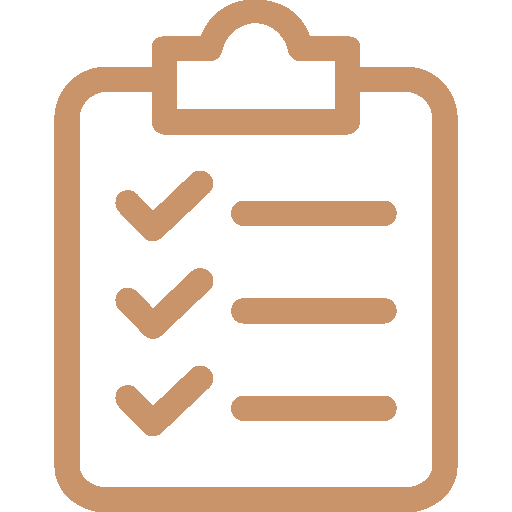 Gold clipboard icon with three checkmarks and lines representing tasks or list items.