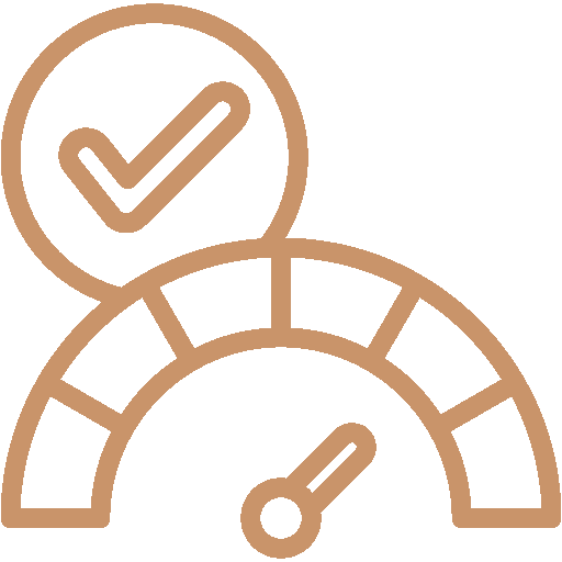 Gold speedometer icon with a checkmark indicating performance or approval.