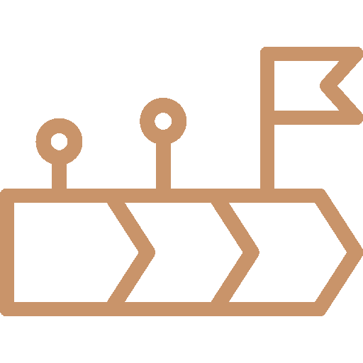Minimalist gold timeline with three steps ending in a flag marker.