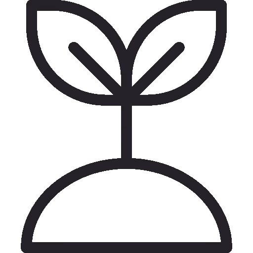 Icon of a small sprout plant with two leaves growing from a mound of soil.