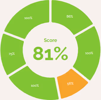 Circular score chart showing 81% in center with segments ranging from 56% to 100%.