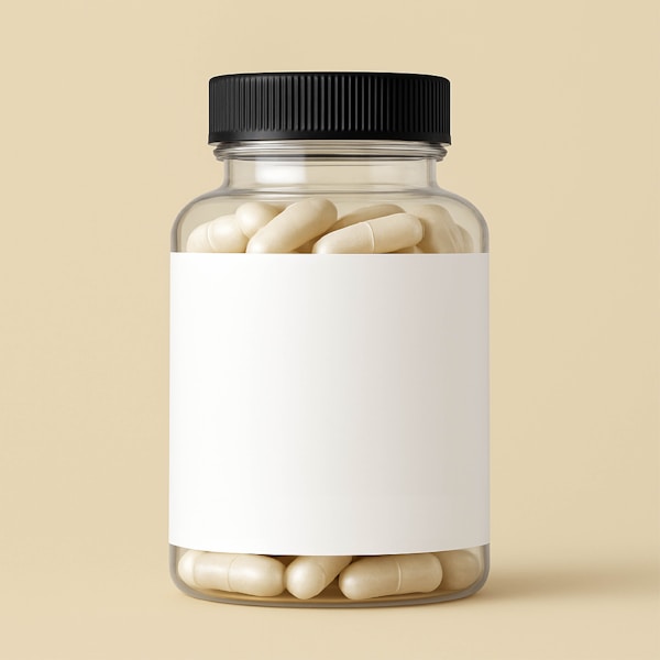 Clear bottle with black ribbed cap, filled with capsules. NutraSeller Manufacturing