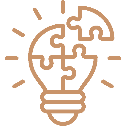 A gold lightbulb split into four jigsaw pieces, with the top left piece separated as if being put in place.