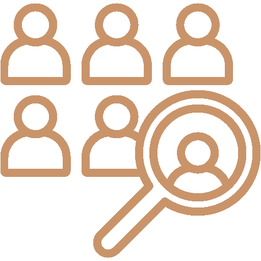 A gold icon of six people in rows with one highlighted by a magnifying glass.