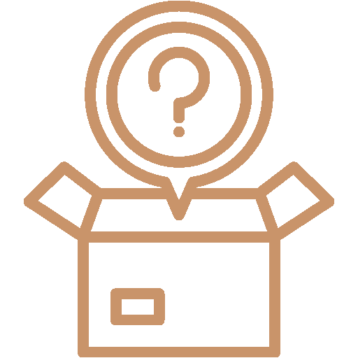 A gold icon of a cardboard box with a question mark above it.