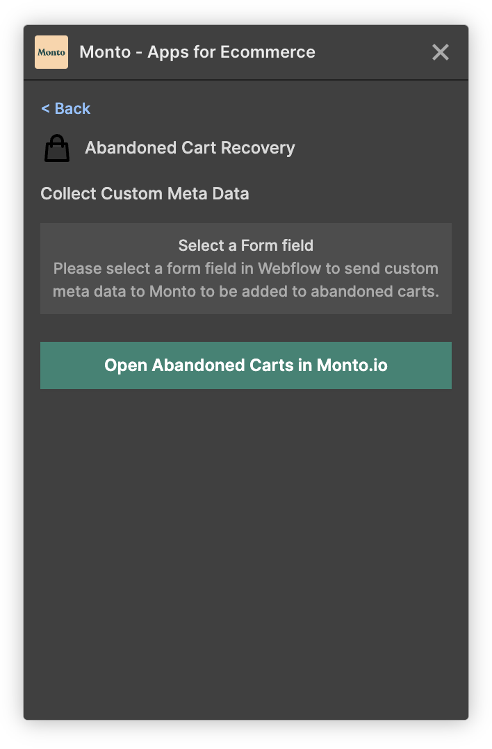 Monto Webflow Designer Extension for Abandoned Cart Recovery App