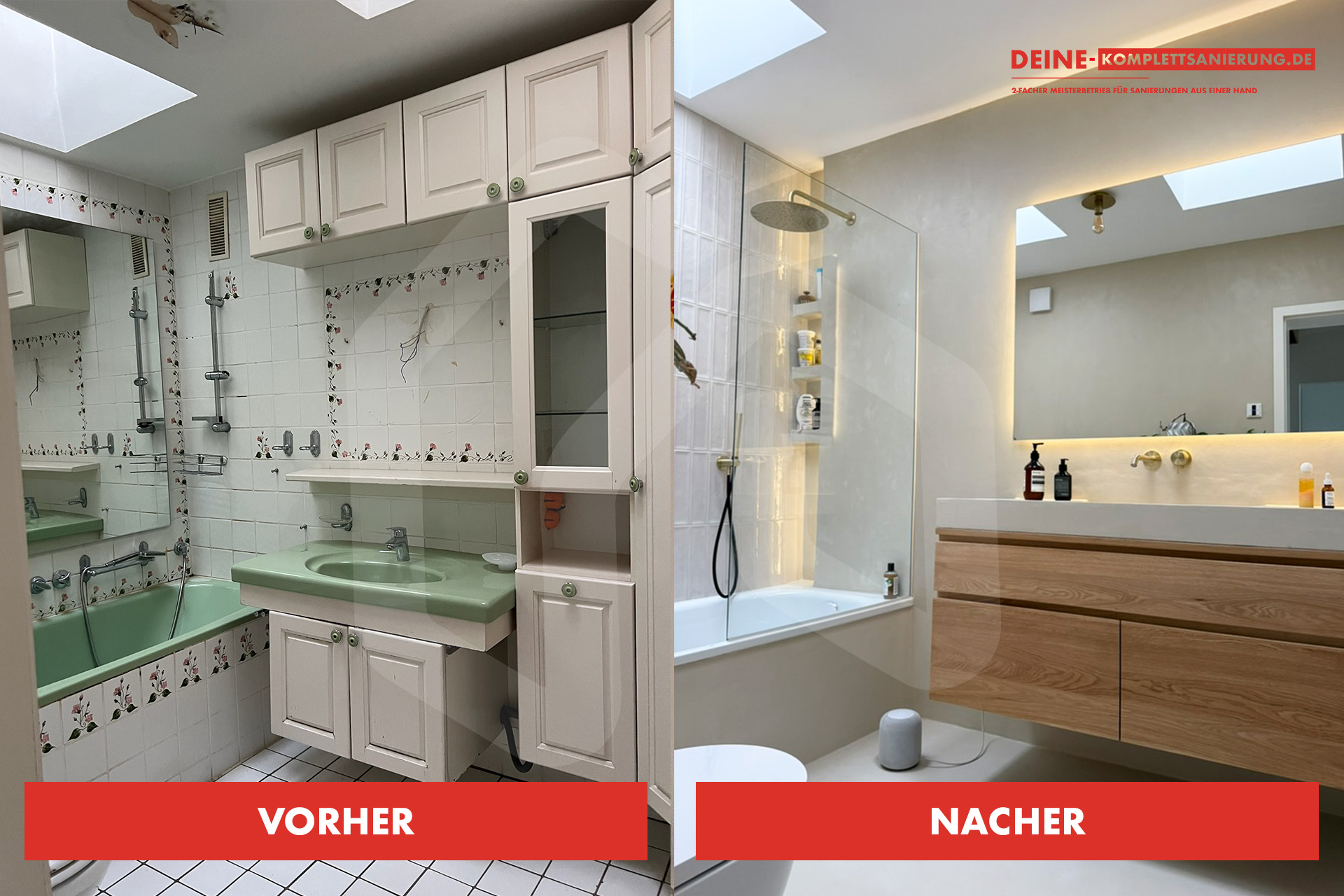 Badezimmer Vorher Nacher Foto. Alt in Fliesen, neu fogenlos